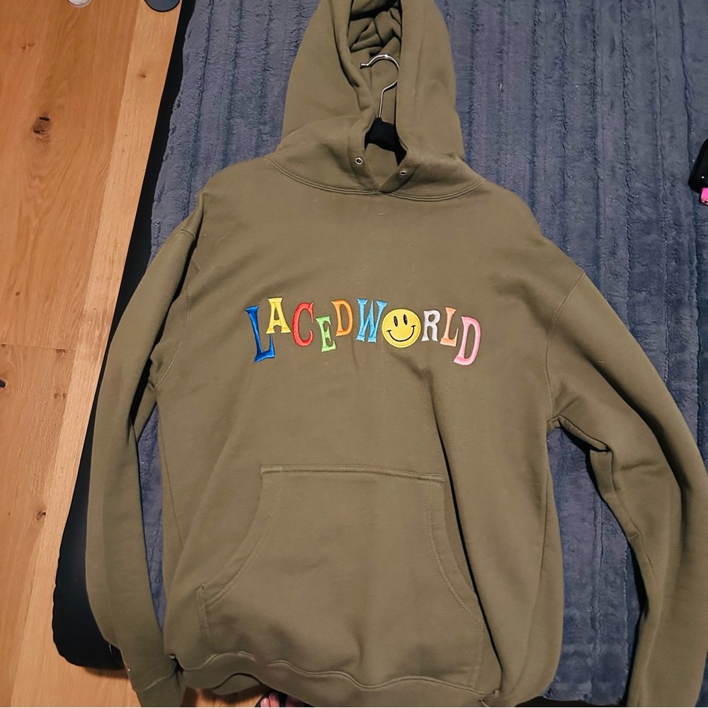Tahari Olive Hoodie with Multicolor Laced World Design
